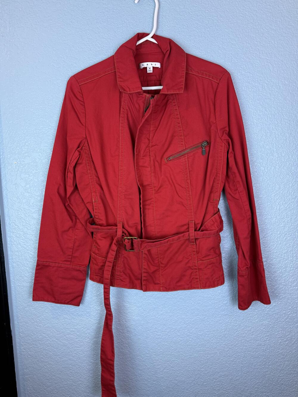 Cabi Jacket Womens Medium Red Belted 100% Cotton Zip Up Moto Utility Style 401